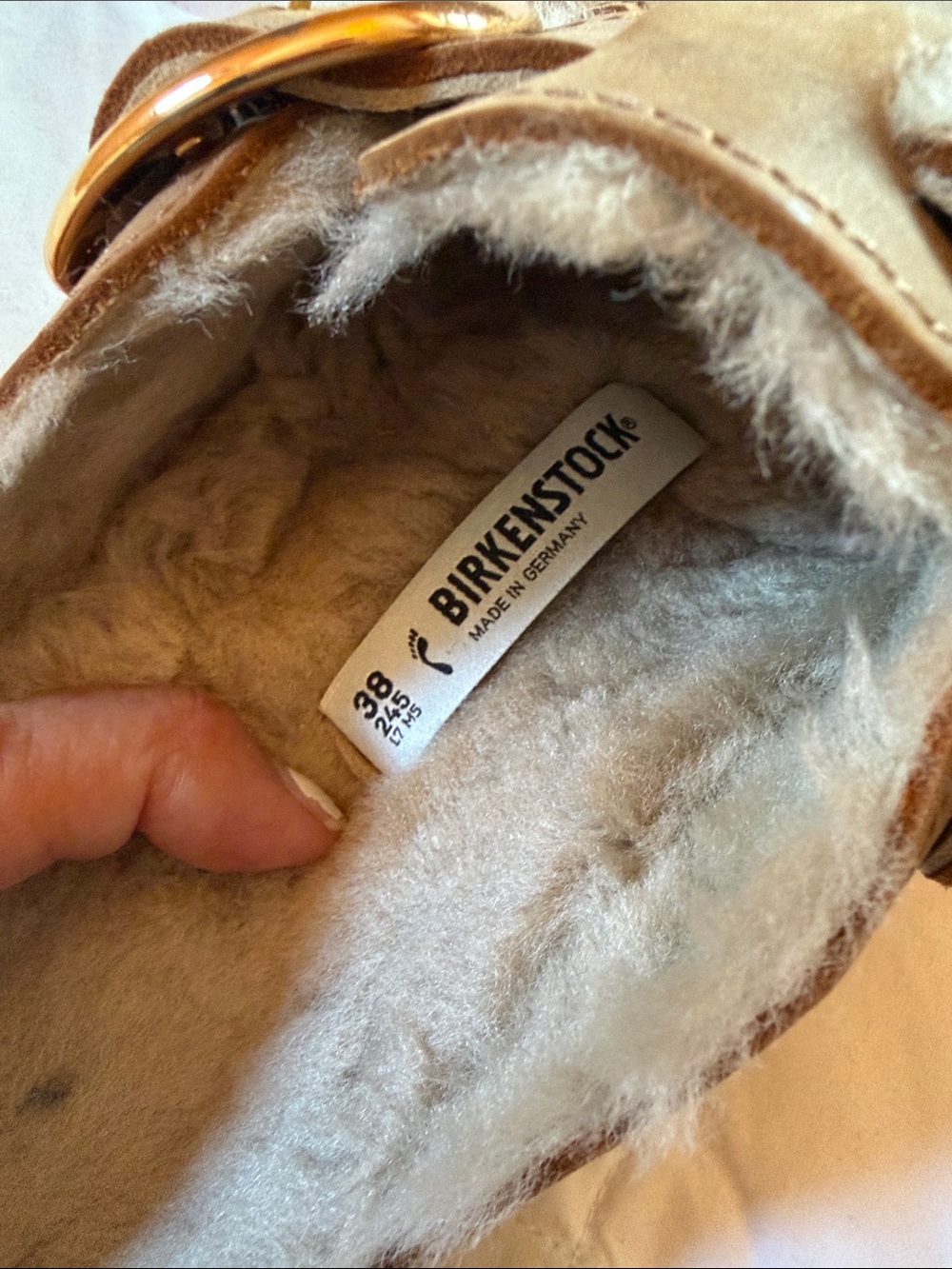 Birkenstock Shearling-Lined Mink Boston Clogs with Gold Buckles - Picture 3 of 4